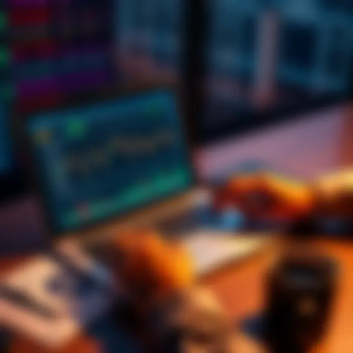 A person analyzing stock and cryptocurrency charts on a laptop with financial documents and a coffee cup on the table