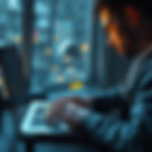 A person analyzing cryptocurrency coins on a laptop, considering safe and risky investments.