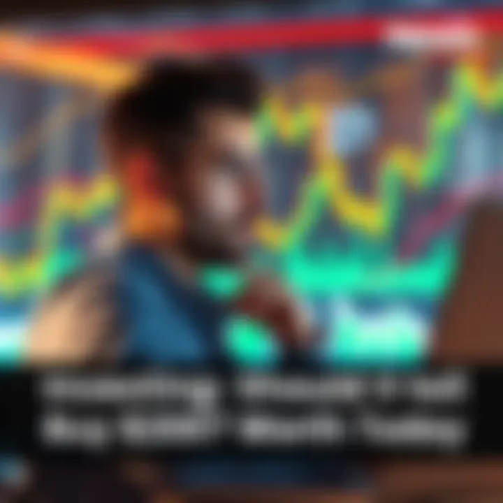 A person contemplating an investment with a laptop and financial charts in the background.