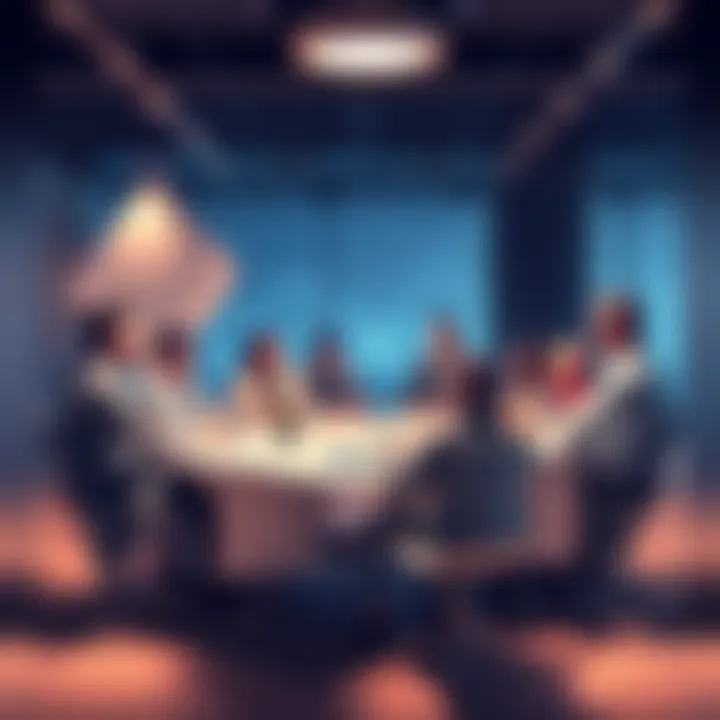 A group of people discussing investment portfolios and sharing advice at a round table.