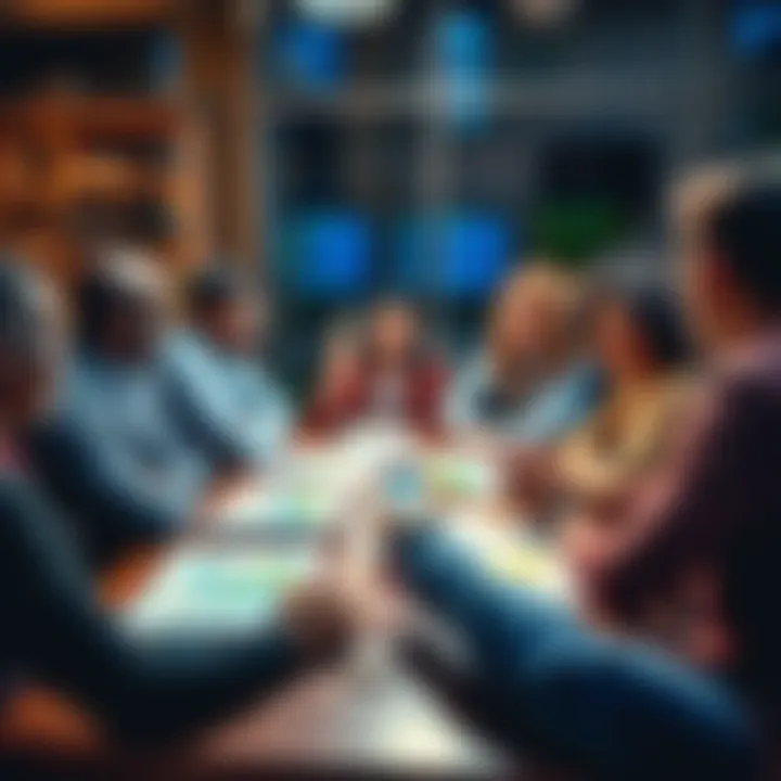 A diverse group of people engaged in a lively discussion about investment strategies, with charts and notes spread out on a table, showcasing collaboration and community-driven ideas.