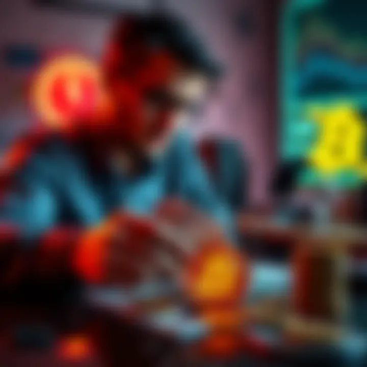 A person analyzing investment options with cash and Bitcoin symbols on the table.