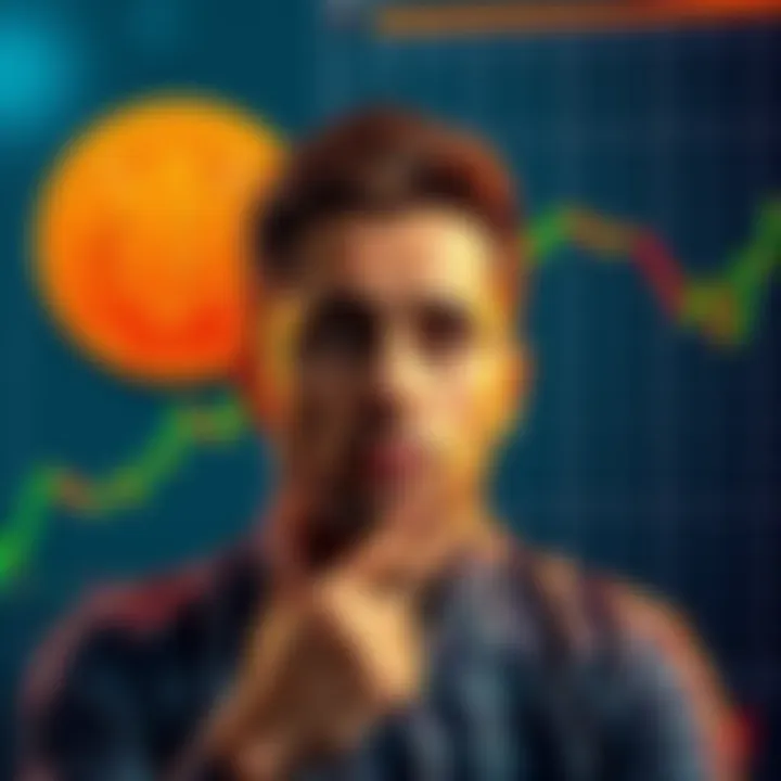 A person contemplating between a Bitcoin symbol and a 401k chart, showing a dilemma in investing.