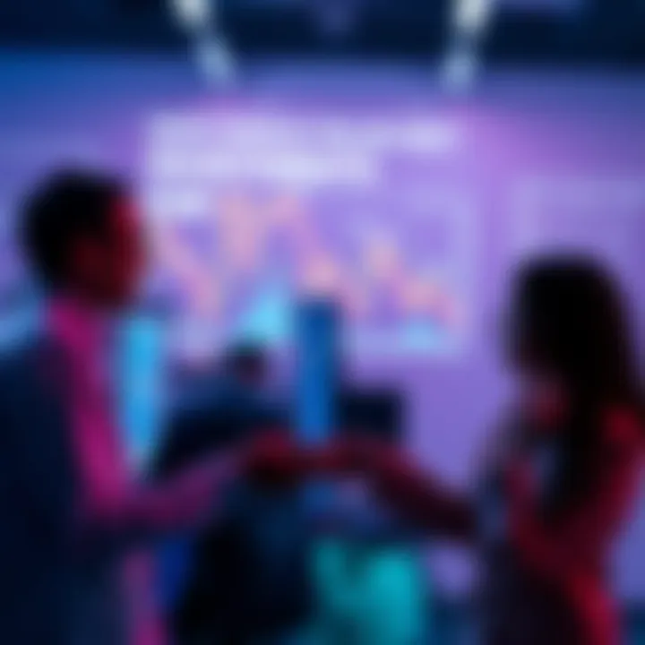 Two people discussing investment options with charts and graphs in the background