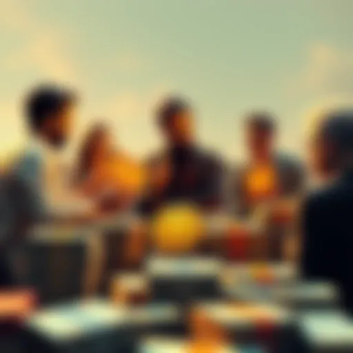 Group of people discussing investment amounts with stacks of cash and a Dogecoin symbol present
