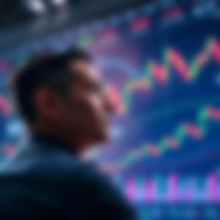 A person contemplating a $20K investment in cryptocurrency, with charts and financial data in the background