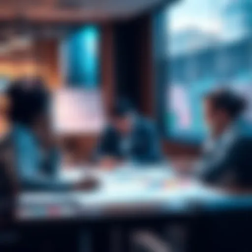 A group of people discussing investment portfolios at a table with charts and graphs.