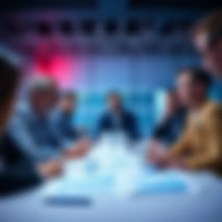 A group of people discussing and analyzing an investment portfolio with charts and graphs on a table.