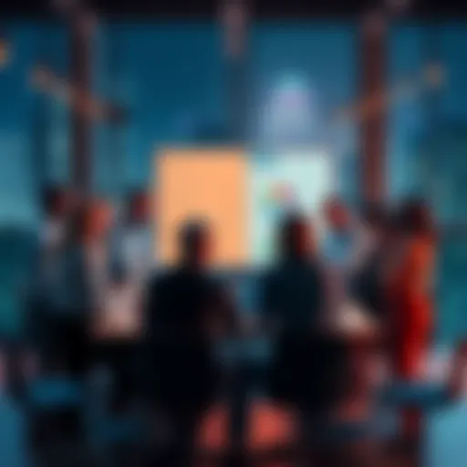 A group of people discussing various investment strategies around a table with charts and graphs on display.