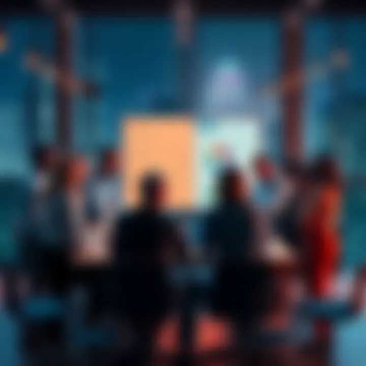 A group of people discussing various investment strategies around a table with charts and graphs on display.