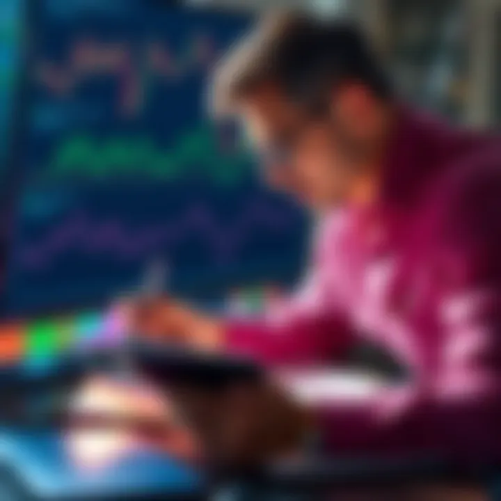 An investor analyzing charts and making notes about crypto investments after past losses; focused on developing a new strategy.