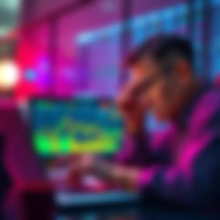 Frustrated investor examining a declining AVAX price chart on a laptop