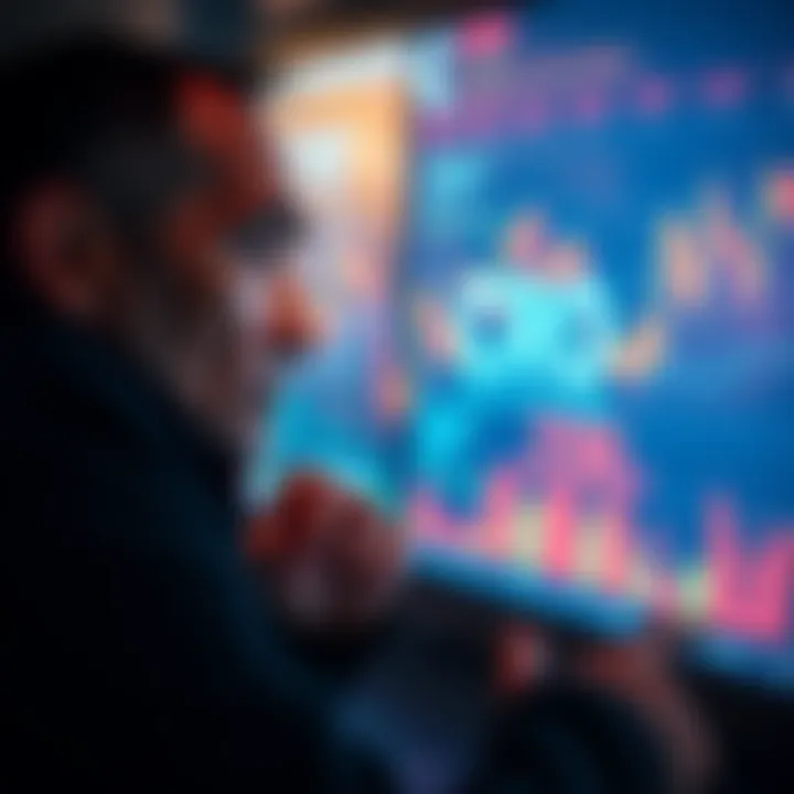 A worried investor looking at a screen displaying CRO token prices, reflecting anxiety in the crypto market