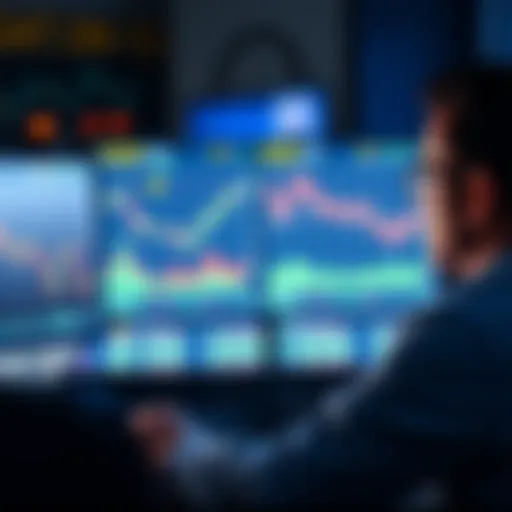 An investor looking at a computer screen with flat cryptocurrency charts, showing little movement in prices.