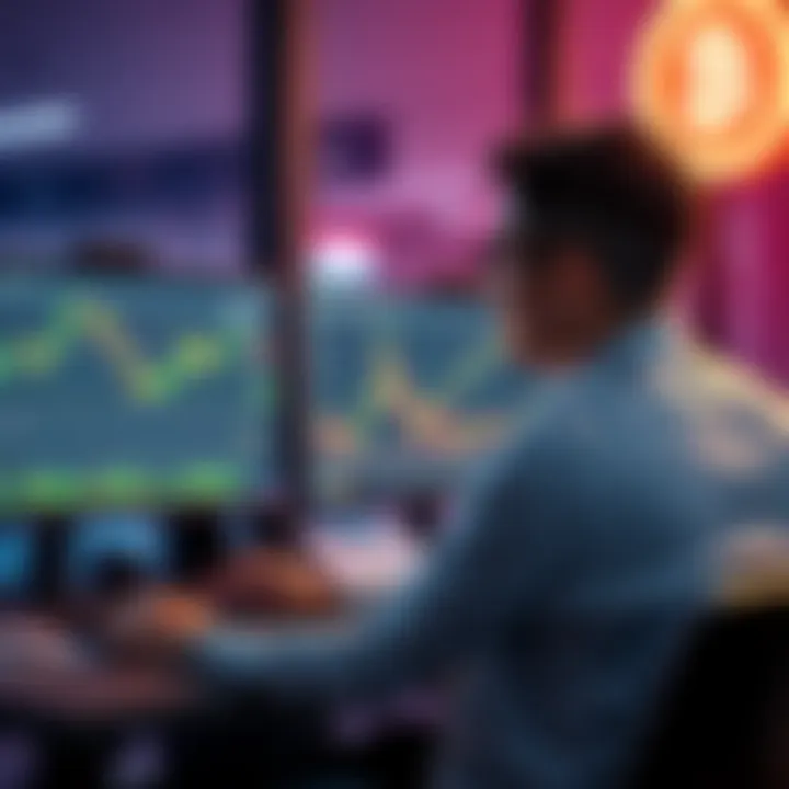 An investor sitting at a desk, looking at computer screens displaying cryptocurrency charts and a memecoin symbol, with a thoughtful expression.