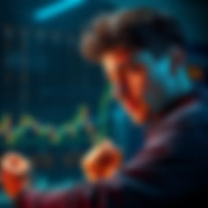 A person looking at a chart of Ethereum prices with concerned expression, contemplating investment timing.