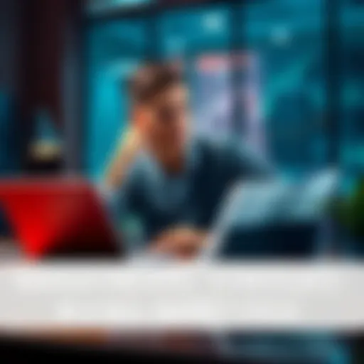 A young investor sitting at a desk, looking at graphs and charts on a laptop with a thoughtful expression, considering options for selling investments or reinvesting profits in a bull market.