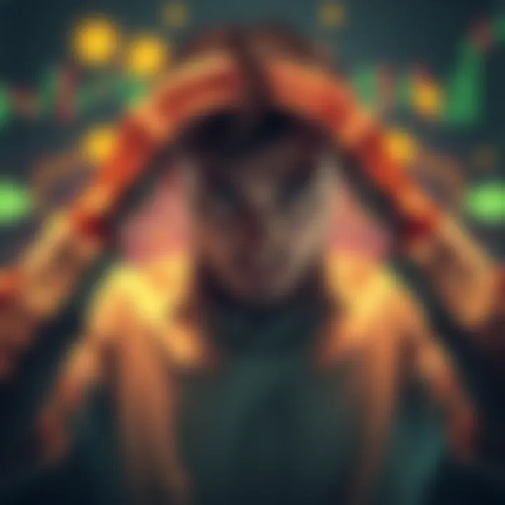 A distressed investor holding their head in their hands, surrounded by charts and cryptocurrency symbols, showing signs of financial loss and emotional turmoil.