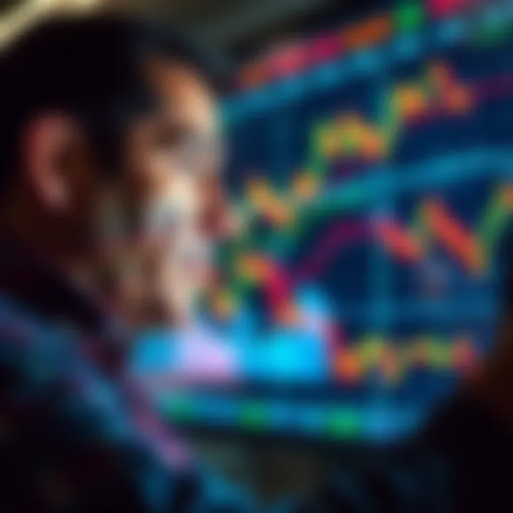 An investor with a thoughtful expression examines stock charts and graphs reflecting market declines, showcasing a sense of uncertainty in the financial environment.