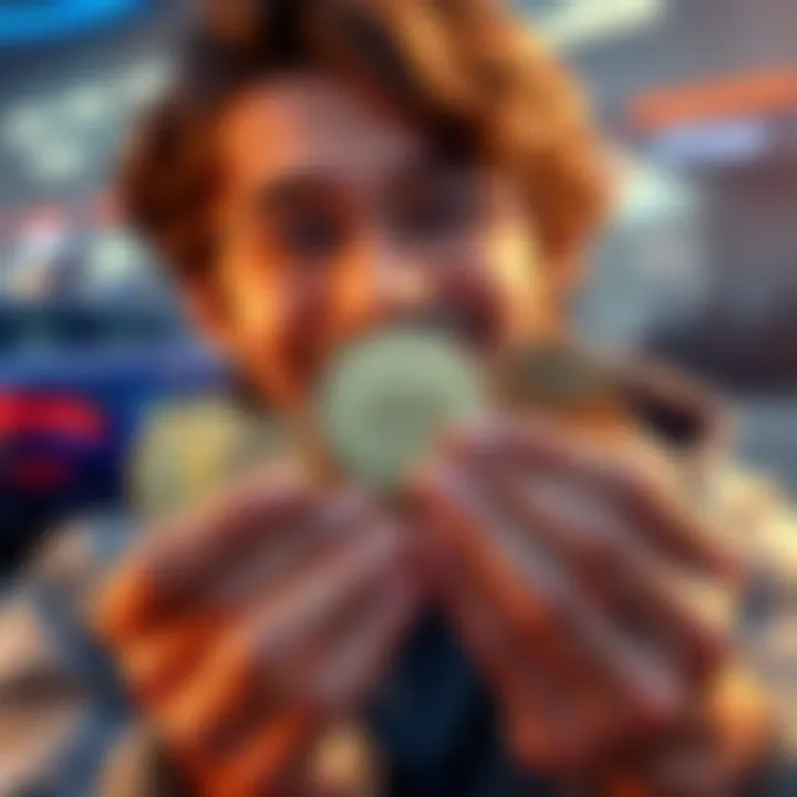 A person holding XRP coins with a cheerful expression, promoting a $4,500 purchase and offering free air fresheners for Lambos.