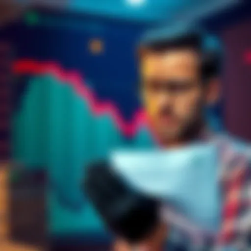 A concerned investor examining a financial document with a declining graph in the background showing a significant drop in value