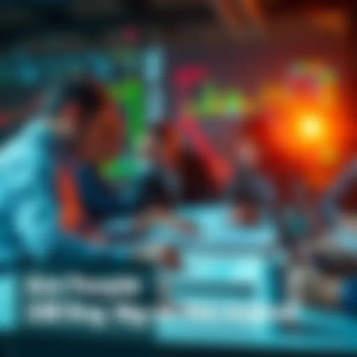 A group of people discussing investment strategies with charts and graphs on a table, showing concerns about market risks.