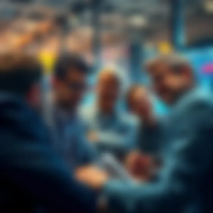 A group of investors discussing market trends with mixed expressions of excitement and regret