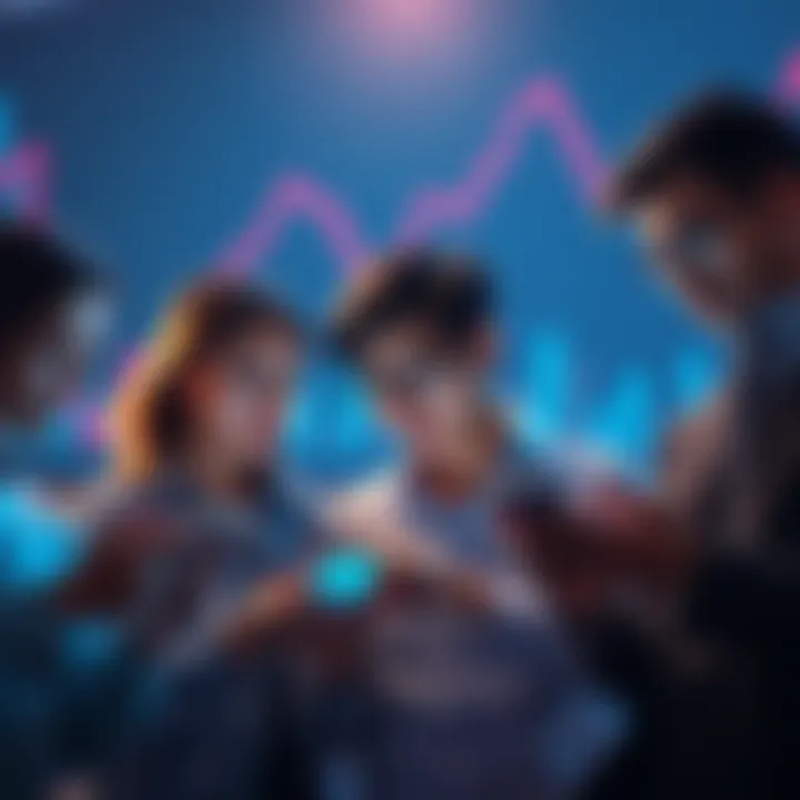 A group of investors looking concerned while checking their Dogecoin investments on mobile devices; a chart showing a downward trend in the background.