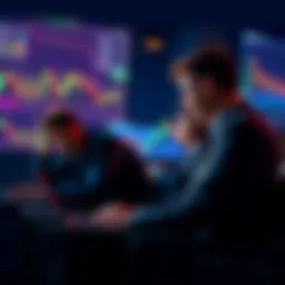 Group of investors analyzing price charts on laptops, looking for a significant dip to buy satoshis at lower prices.