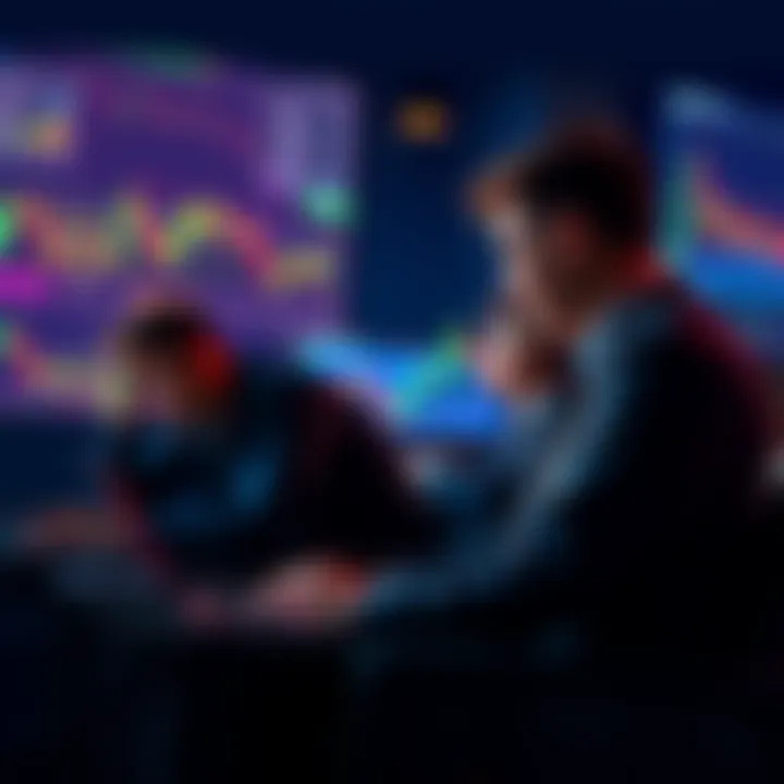 Group of investors analyzing price charts on laptops, looking for a significant dip to buy satoshis at lower prices.