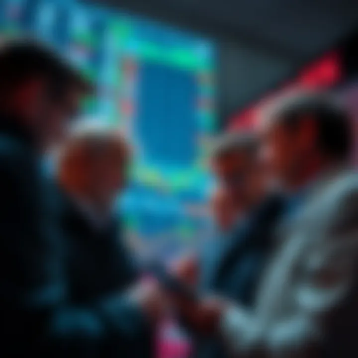 A group of investors looking at stock market charts and making purchases.