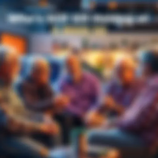 Group of older investors discussing their commitment to holding investments at the 0.00050 mark in a casual setting
