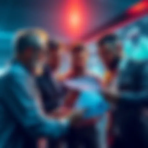 A group of diverse investors looking at charts and discussing their long-term investment strategy, focused on HODLing until 2035.