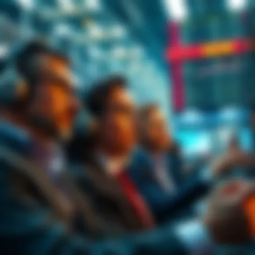 Group of investors looking at market trends with a focused expression, symbolizing the decision to hold onto their investments instead of selling.