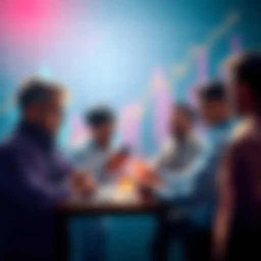 A group of people discussing long-term investments in cryptocurrency, with charts and graphs showing stable growth in the background.