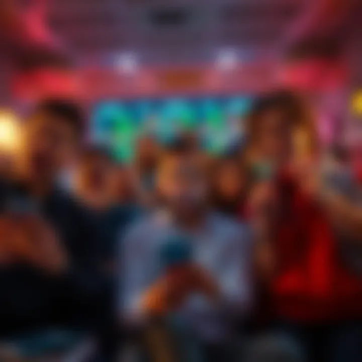 A group of investors showing various emotions as they monitor Ankr's price movements on their devices, representing excitement and concern.