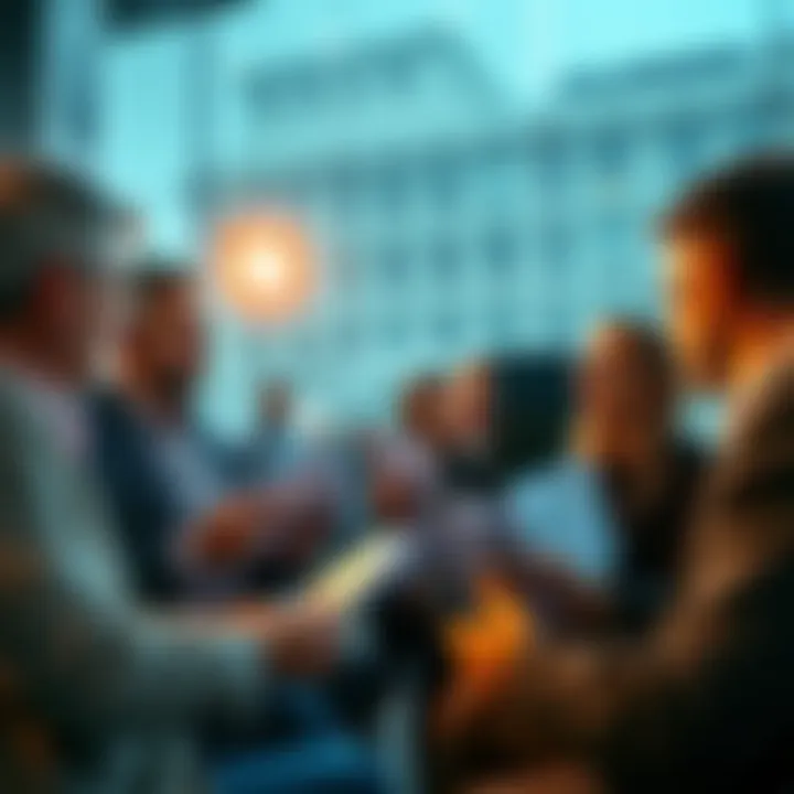 A group of investors looking at financial documents and charts, discussing early-stage projects while being cautious of past losses.