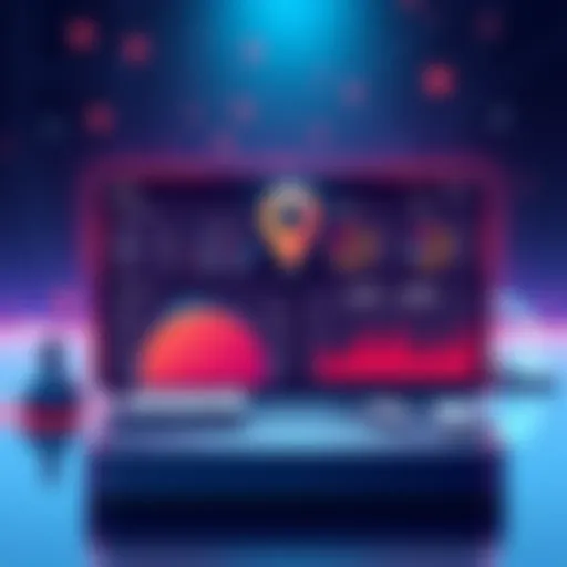 Illustration showing a digital toolkit for IOTA staking, featuring a calculator and graphs for tracking rewards and validators.