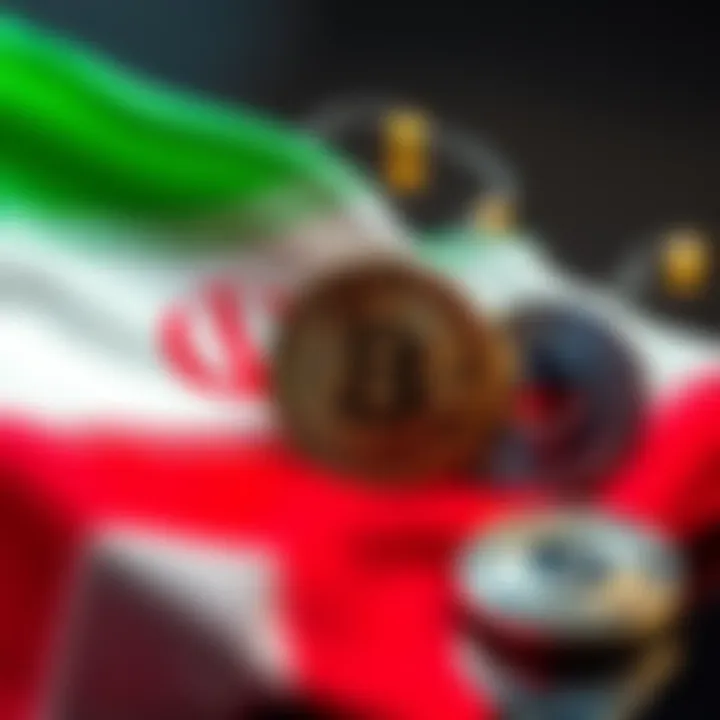 Iran's flag alongside symbols of cryptocurrency like Bitcoin and Ethereum, representing the impact of new regulations on crypto exchanges