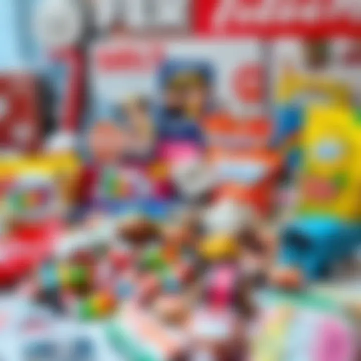 A collection of quirky items that can be purchased for 22p, such as candy, stickers, and small toys, displayed on a colorful table.