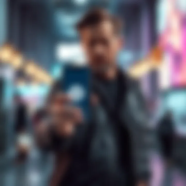 Jack Dorsey standing with a phone showing Bitchat logo on the screen