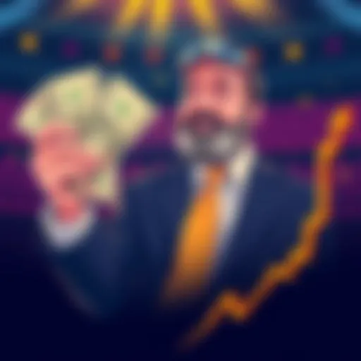 Illustration of James Wynn celebrating a big win with dollar bills and a graph showing rising Bitcoin prices, then looking worried as the graph drops dramatically, representing his investment highs and lows.