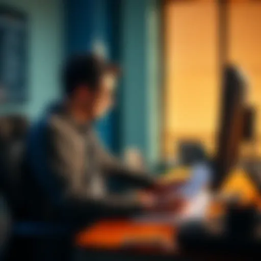 A person sitting at a desk looking at resumes and job listings on a computer screen