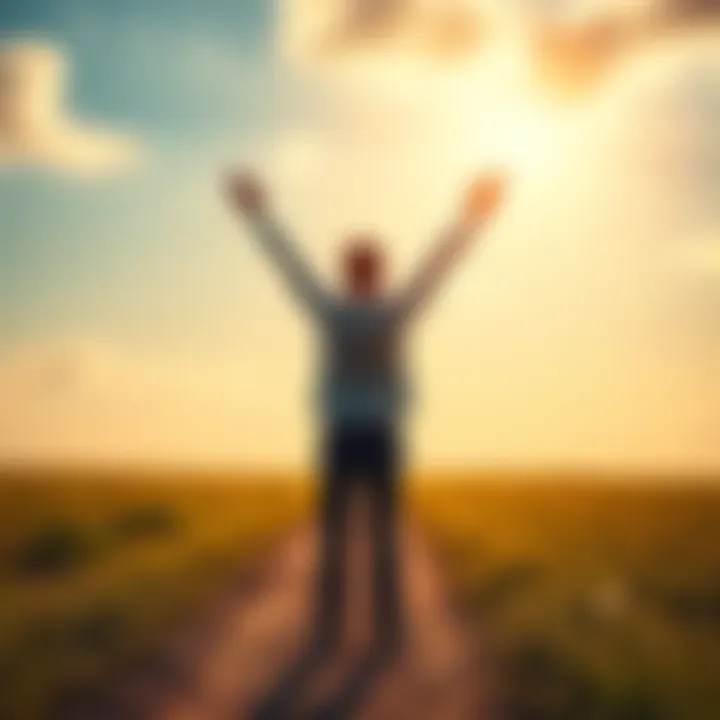 A person standing on a path, looking towards a bright horizon with arms raised, symbolizing hope and recovery after loss.