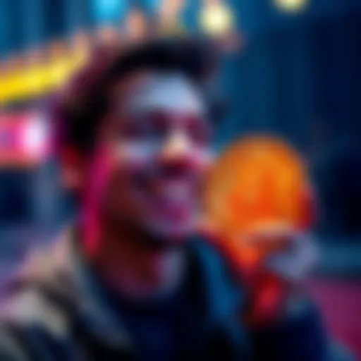 A person smiling while holding a Bitcoin symbol, showing excitement and gratitude for cryptocurrency.