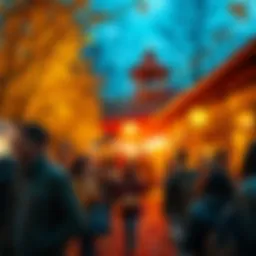 People enjoying festivities during Uptober, surrounded by autumn leaves and decorations.