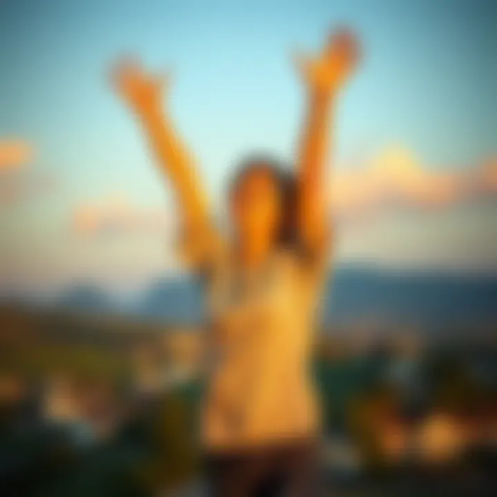 A happy person standing with arms raised in celebration outdoors, reflecting joy after a personal journey.