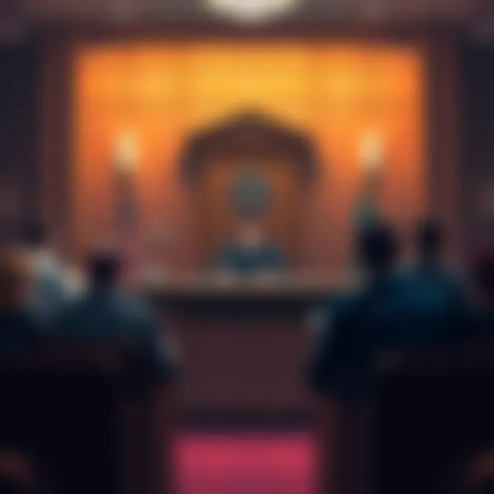 Judge Torres presiding over a courtroom, with legal documents on the bench and people seated in the gallery, waiting for a decision.