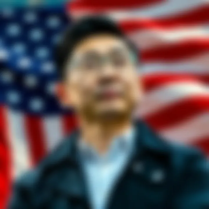 Justin Sun stands confidently with the US flag behind him, symbolizing his ambition in the American market.