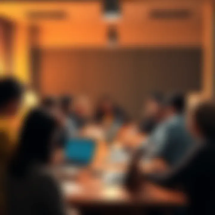 A group of people gathered around a table discussing Kadena's future, with laptops and notes in front of them, showing signs of engagement and concern.